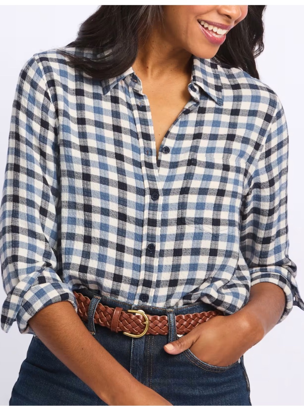 Cosmic Blue Love NWT M COMFY SOFT blue white checkered Button-Down Shirt